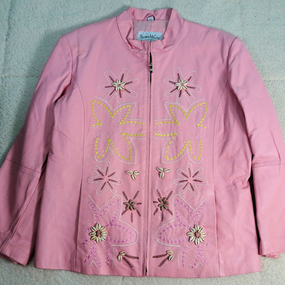 Pamela McCoy Pink Leather Jacket w/Shell Design Lg - Picture 1 of 8